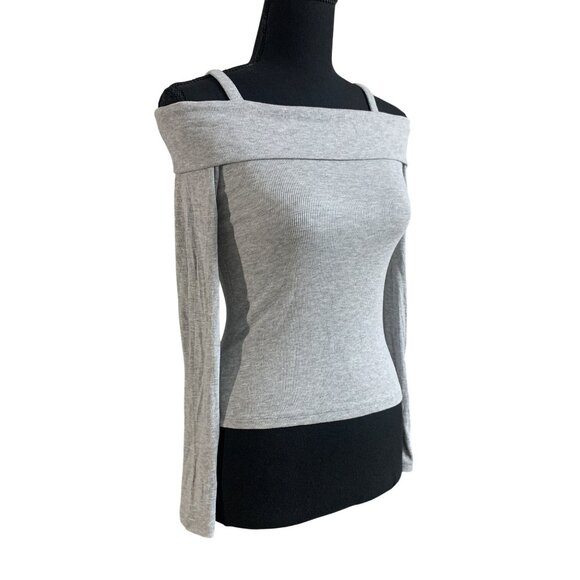 Art Class Juniors Off-The-Shoulder Grey Long Sleeve Ribbed Top With Straps Large - Picture 3 of 13